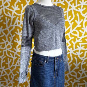 JoyLab Womens Gray Mesh Long Sleeve Thumbhole Stretch Crop Top - Small